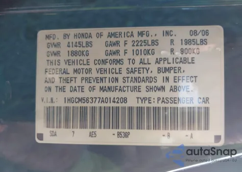 2007 Honda Accord 2.4 Se from USA, damaged, VIN 1HGCM56377A014208